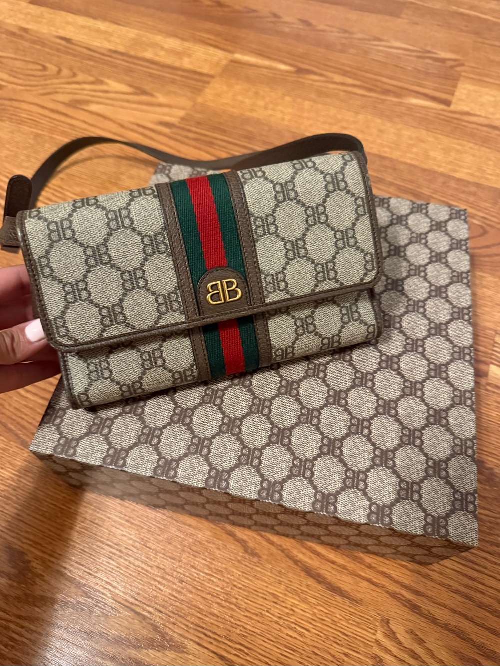 Balenciaga Beige Monogram Mini Bag with Green and Red Web Stripe